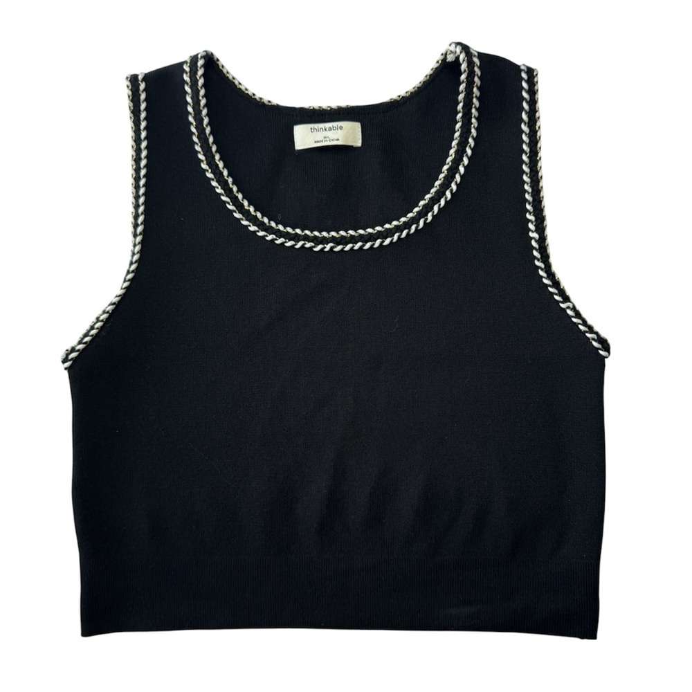 ✅ Thinkable Women's Black Knit Cropped Tank Top with White Trim size M/L